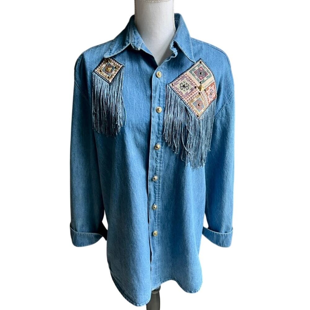 Vntage Expose Western glam embroidered fringe denim shacket size M/L